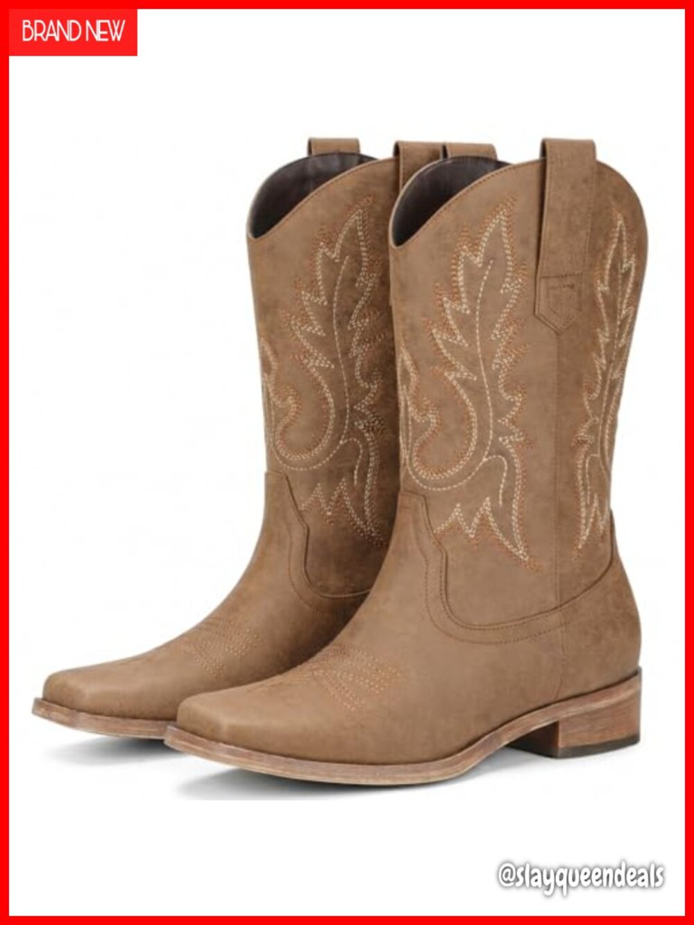 Square Toe Cowboy Boots Women Faux Leather Mid Calf Western Pull On